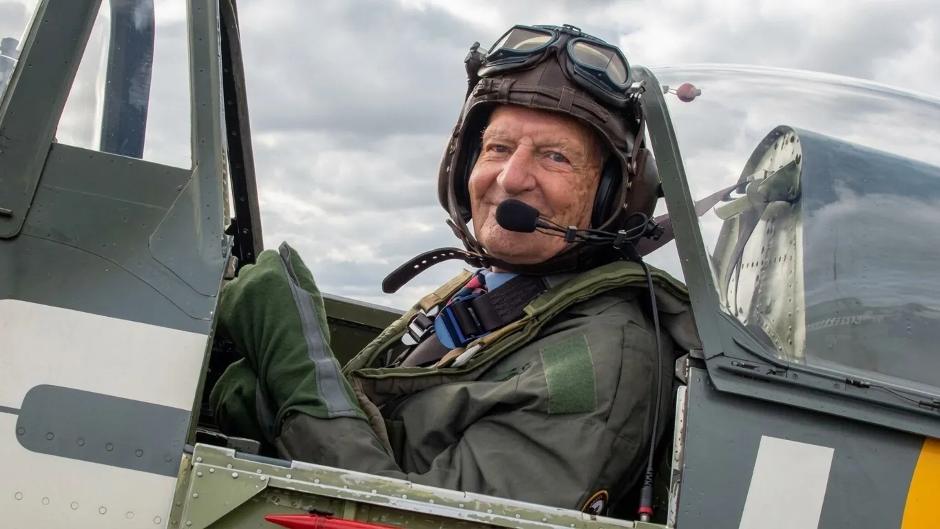 WWII veteran pilot Bernard Gardiner seated in front of the Hawker Typhoon RB396 rebuild project