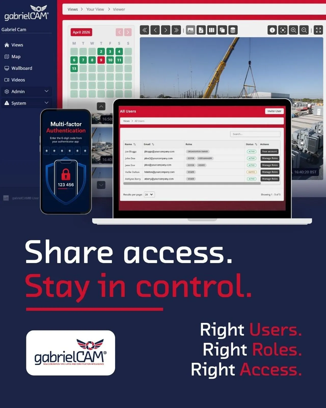 A promotional infographic showing the role-based access control layers in gabrielCAM® Hub, outlining permissions for administrators, content managers, and view-only stakeholders.