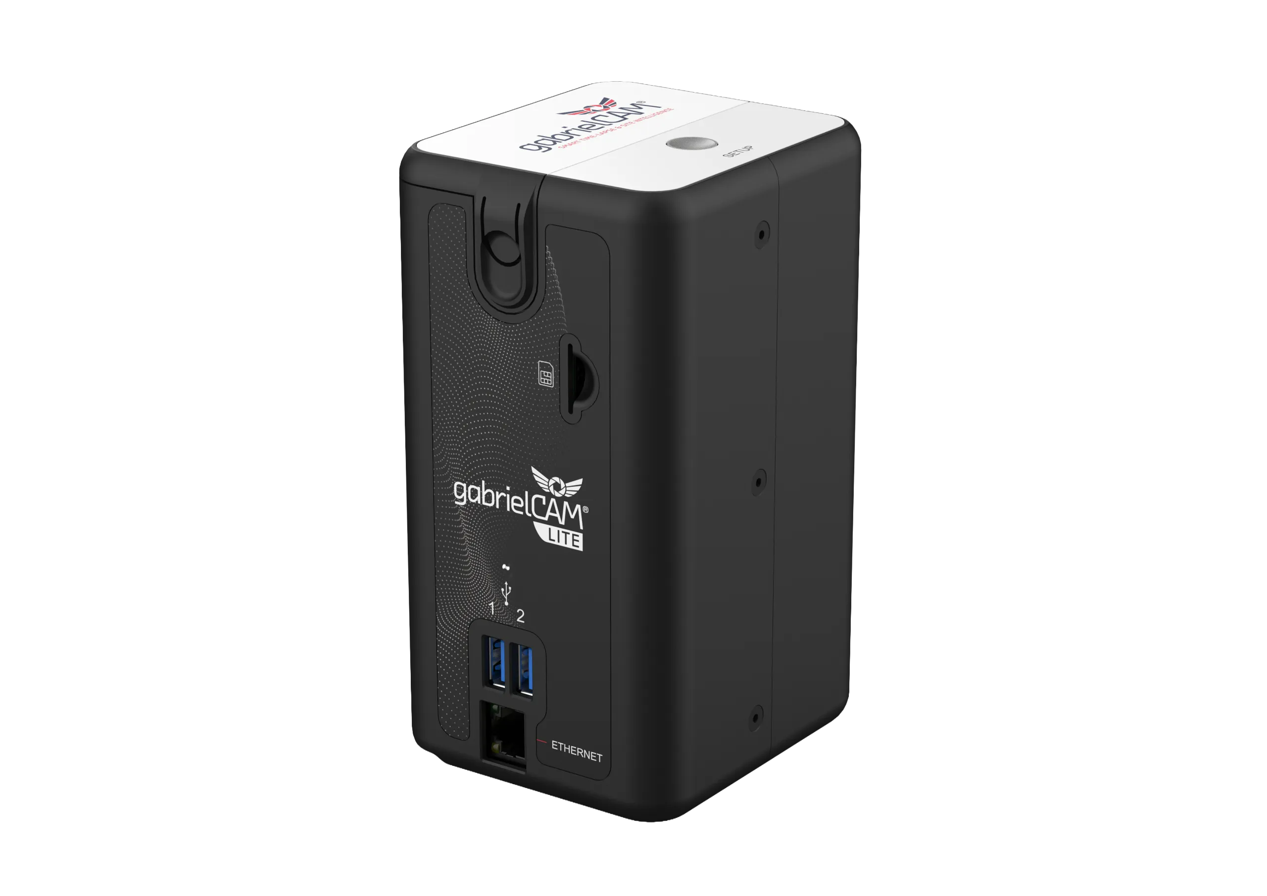 Side profile view of the gabrielCAM® Engine highlighting the weatherproof seals and durable chassis.